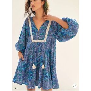 Anthropologie Lissa Blue Paisley Balloon sleeve Lace trim romper dress, size S